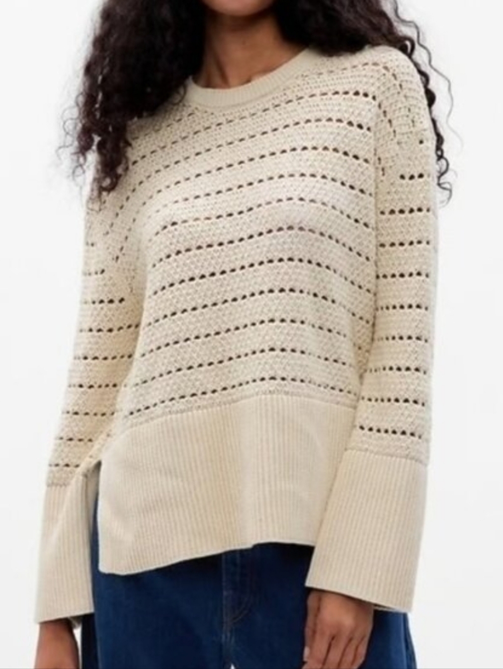 Gap Crochet Open Knit Crewneck Pullover Split Hem Sweater